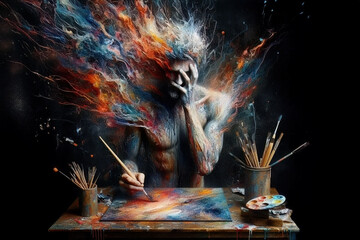 Surreal portrait of artist painting with colors exploding from his head, symbolizing imagination and emotion.