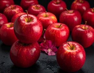 Group of fresh red fruit atop a dark surface, some with stems