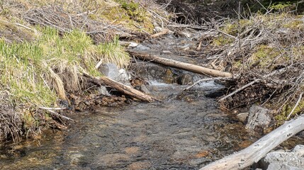 Mountain stream with fallen logs and rocks, in a natural alpine background, wide view, copy space.