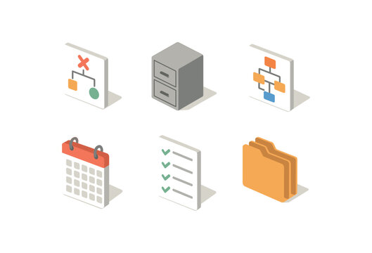 isometric icon items isolated on white background organization project plan organization filing cabinet organization flowchart diagram organization calendar scheduler organization task list