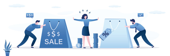 Businessmen sellers push large shopping bags to female buyer. Female character customer refuses to buy, stop shopping. Refusal of shopaholism and excessive consumption.