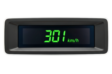 Digital car speedometer display showing a very high speed isolated on transparent background
