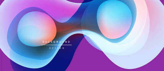 Abstract fluid shapes blend, creating vibrant purple, blue, pink gradients. Modern design evokes movement, energy, fluidity. Background features text elements.