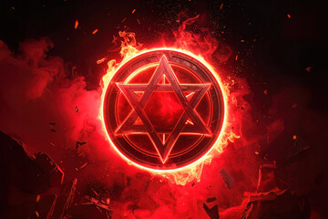 Burning sacred geometric star glowing in orange fire, representing spiritual energy and rebirth.