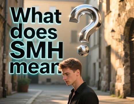 Young man walks down a sunlit alleyway looking thoughtful as a shiny chrome question mark floats above his head next to glowing text asking what SMH means