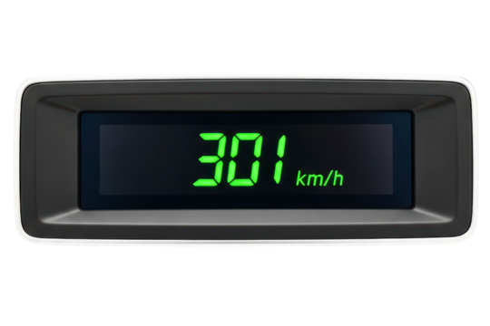 Digital car speedometer display showing a very high speed isolated on transparent background