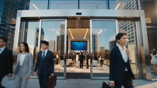 Diverse Business Professionals Exiting Modern Office Building in a Dynamic Urban Setting.