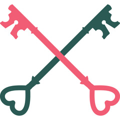 Two crossed keys one pink and one teal with heart shaped handles on a white background vector illustration