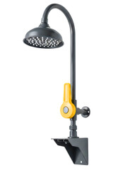 Wall-mounted industrial safety shower with a yellow handle isolated on transparent background