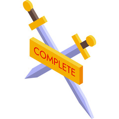 Two Crossed Swords Overlayed With Yellow Banner And Red Text Message Saying Complete On A White Background With A Transparent Background