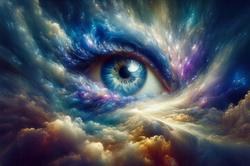 Abstract eye blending with clouds and light, symbolizing inner vision and awareness.
