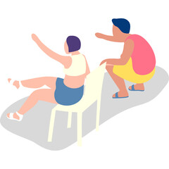 Two cartoon people one seated and one crouching interacting outdoors with flat design illustration style and solid colors on a transparent background