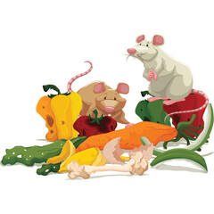 Two Cartoon Mice Gathered Around a Pile of Fresh Vegetables and a Bone on a White Background