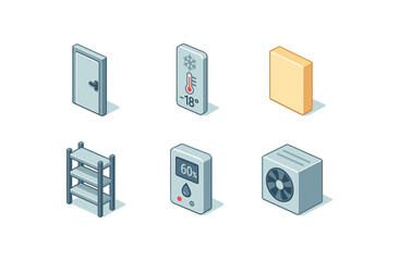 isometric icon items isolated on white background cold storage freezer door cold storage temperature sensor cold storage insulation panel cold storage shelving rack cold storage humidity