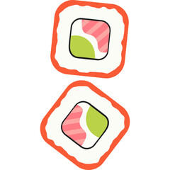 Two cartoon sushi rolls with orange seaweed wrapper pink fish and green avocado filling isolated on white background