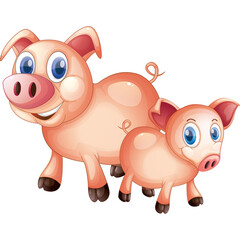 Two Cartoon Pigs One Large Parent Pig and One Small Piglet Standing Together on a Transparent Background