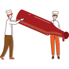 Two chefs in white uniforms carry a giant bottle of red sauce on a transparent background