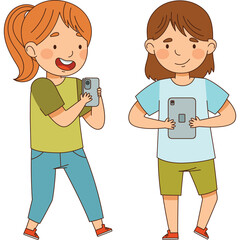 Two cheerful children holding mobile phones in their hands with transparent background showing their engagement with technology and playful interaction
