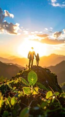 Silhouetted Figures Holding Hands on Mountaintop at Sunset