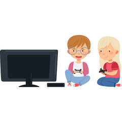 Two Children Boys and Girls Playing Video Games Together Sitting On Floor Near Television With Controllers In Hands Enjoying Fun Activity
