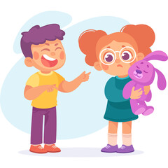 Two children one boy laughing while the other girl looks sad holding a purple bunny toy with a transparent background