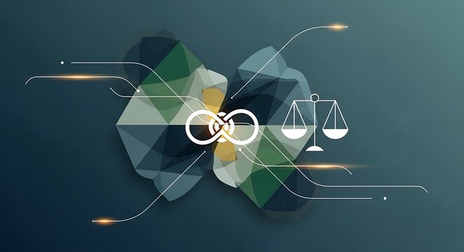Abstract Legal Tech Concept with Scales of Justice and Infinity Symbol.