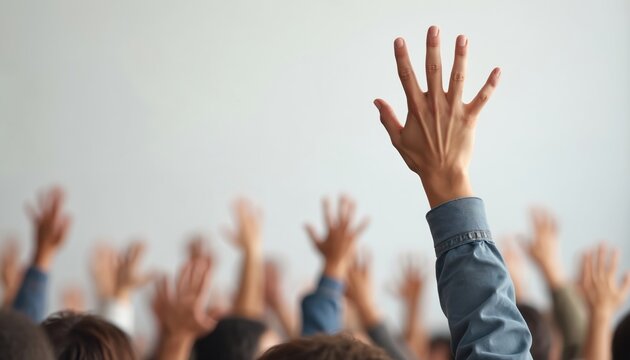 Many people raise hands to ask questions or vote. An audience wants to participate in event. Hand gesture shows interest and seeking for answers during meeting or lecture.
