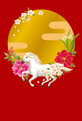 午年　年賀状素材　赤背景　白馬