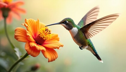 Hummingbird approaches vibrant orange flower. Bird hovers near blossom seeking nectar. Colorful photo of avian creature feeding in garden. Wildlife beauty in nature scene.