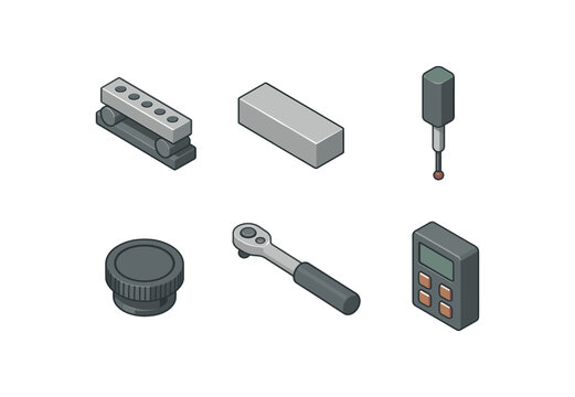isometric icon items isolated on white background precision sine bar precision reference standard precision CMM probe precision focus knob precision torque wrench precision data logger