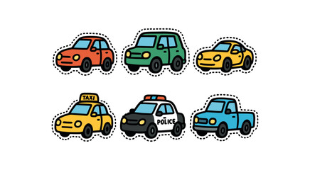 cute cars set with bold black outline and dotted border including sedan suv sports taxi police and pickup truck simple details colorful minimal style isolated on white background