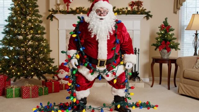A person dressed in festive attire struggles with colored electric lights in a decorated room, portraying the challenges of holiday preparation