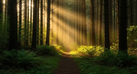 Fototapeta premium Sunlight streams through the trees in a lush green forest, illuminating a path covered in fallen leaves