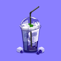 Refreshing blue soda with mint leaf and ice cubes in a clear cup perfect for summer, beverage, or cafe illustration.
