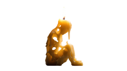 Half-melted candle shaped like a human figure still burning, symbolizing overwork and exhaustion