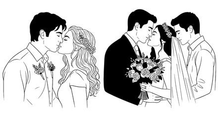 Elegant Wedding Day Celebration: Two Couples Share Joyful Kisses on Their Special Occasion, Illustrating Romance and Love in a Clean Line Art Style for Invitations and Anniversary Greetings (Black and