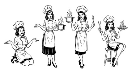 Retro Chefs Cooking Illustrations: Vintage-Style Female Bakers Preparing Food in a Kitchen Setting, Perfect for Cookbook Design, Restaurant Menus, Culinary Art, and Nostalgic Advertising, With a Comic