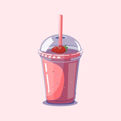 Fresh strawberry smoothie with pink color served in a plastic cup perfect for healthy drink, dessert, or summer illustration.