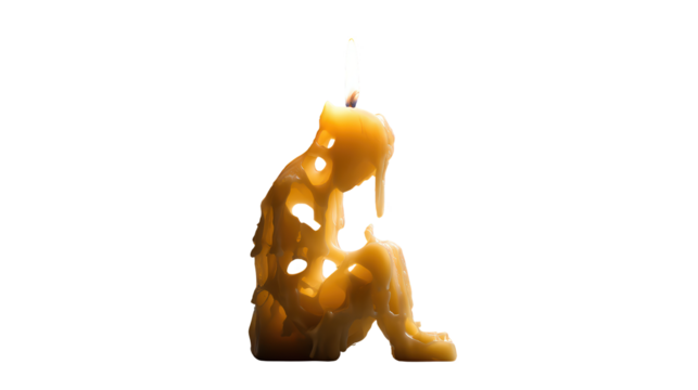 Half-melted candle shaped like a human figure still burning, symbolizing overwork and exhaustion