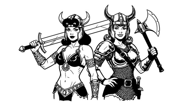 Bold Warrior Women Defending Territory, Confident Gladiators Protecting Homeland in Fantasy Realm, Strong Heroines Ready for Battle, Sword and Axe Armed, Vintage Style Illustration for Posters and Adv