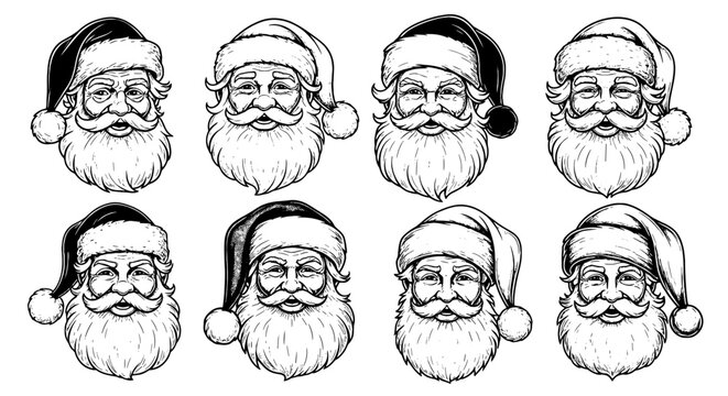 Vintage Santa Claus Heads Collection: Jolly Characters Delivering Holiday Cheer, Engraved Style Illustration Set for Christmas Greetings & Festive Season Designs, Ideal for Retro Marketing Campaigns,
