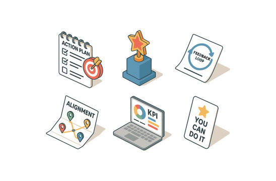 isometric icon items isolated on white background goal setting action plan goal setting reward system goal setting feedback loop goal setting alignment map goal setting KPI dashboard goal