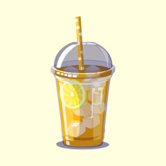 Iced lemon tea served in a plastic cup with straw and ice cubes perfect for beverage, cafe, or drink-themed illustrations.