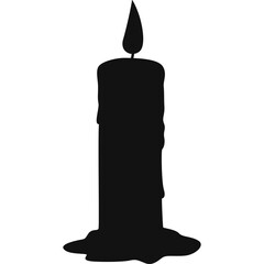 Black silhouette of a tall cylindrical candle with a lit flame and dripping wax on a transparent background