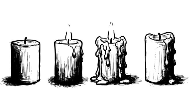 Sketchy Hand-Drawn Candles Burning in the Dark, Representing Remembrance, Spirituality, and Gothic Themes, Ideal for Halloween, Religious Observances, and Mystical Projects with Vintage Illustration S