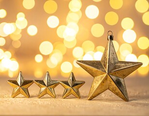 Group of golden star ornaments, blurred lights in the background