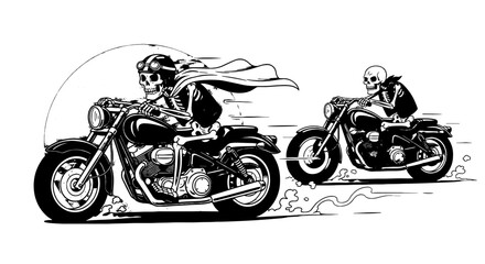 Skeleton Bikers Racing on Motorcycles, a Grayscale Cartoon Illustration of Supernatural Riders on Choppers Speeding Down the Road, a Spooky and Humorous Graphic for Halloween Events, Motorcycle Clubs,