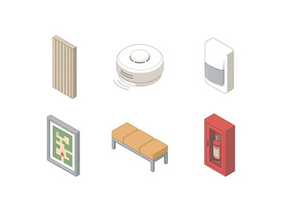 isometric icon items isolated on white background corridor acoustic panel corridor smoke alarm corridor motion detector corridor wayfinding map corridor bench seating corridor fire