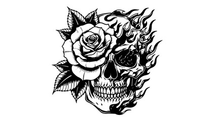 Detailed Skull and Rose Tattoo Design Illustration with Flames, Gothic Style Artwork for Print on Demand, Dark Art Graphics, Halloween, Rock Music, Horror Film, Motorcycle Culture, Tattoo Studio Brand