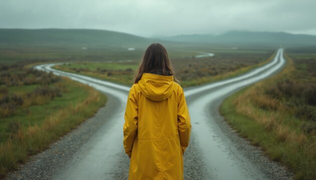 Woman in yellow raincoat stands at fork in road. Person faces choice between two paths in field. Roads diverge into distance under cloudy sky. Woman thinks about future journey.